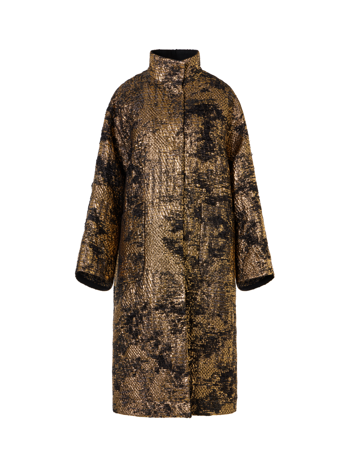 Designer Oversize Fragmented Jacquard Coat in Techno Lamé - black - multicolor - gold
