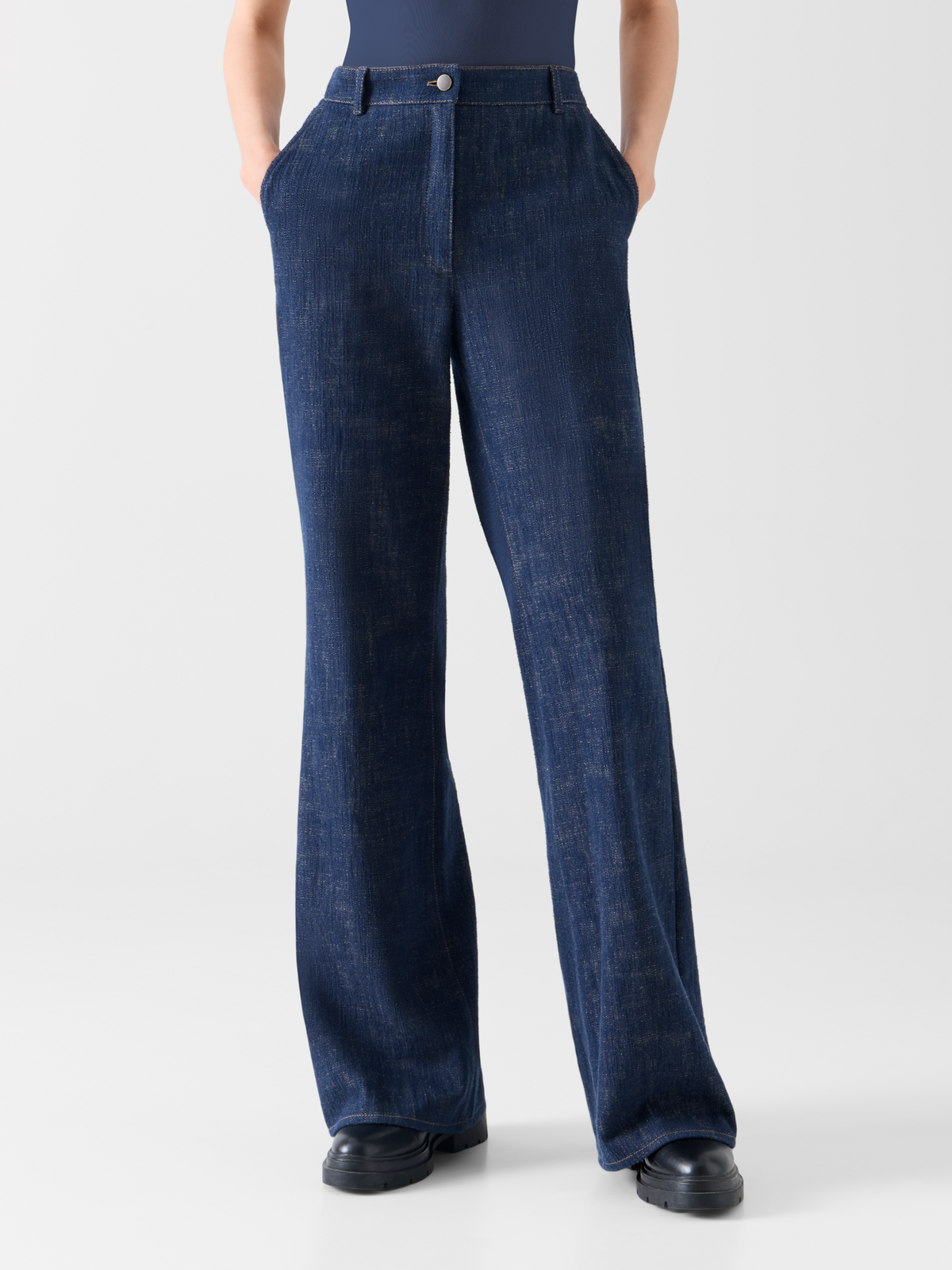Designer Bootcut Pants in Brushed Winter Denim - navy #editorial