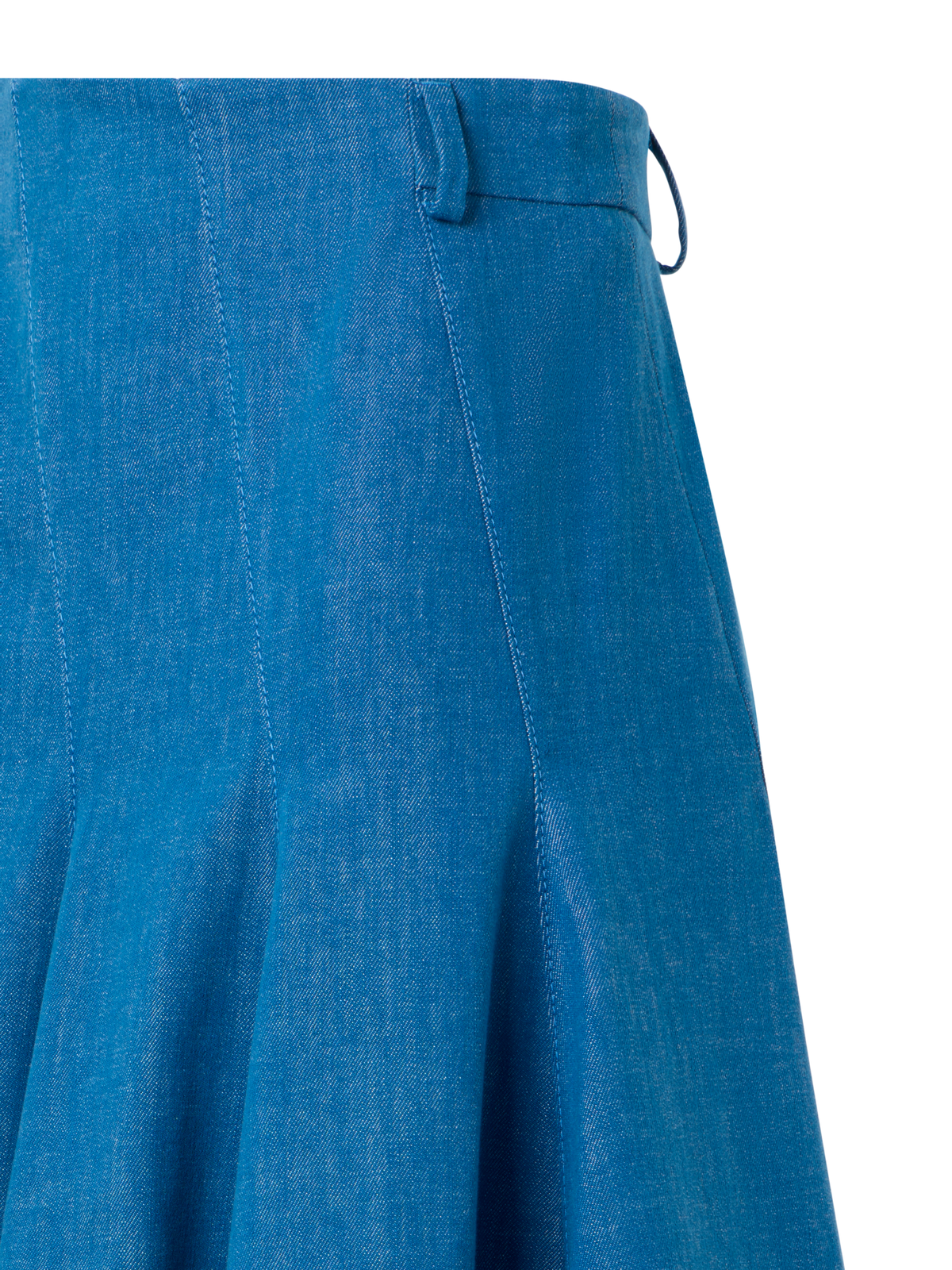 Designer Diagonal Godet Cotton Stretch Denim Midi Skirt - blue