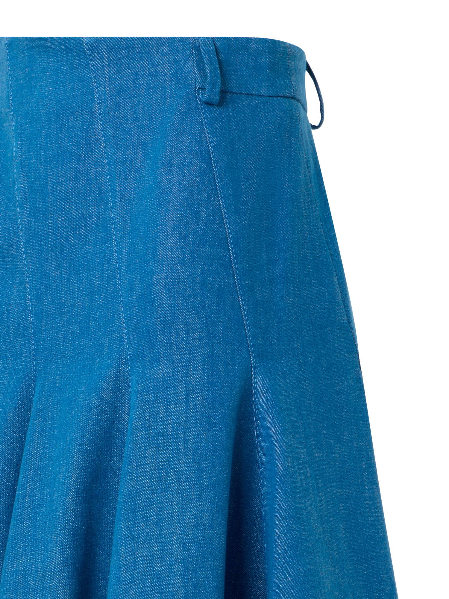 Designer Diagonal Godet Cotton Stretch Denim Midi Skirt - blue