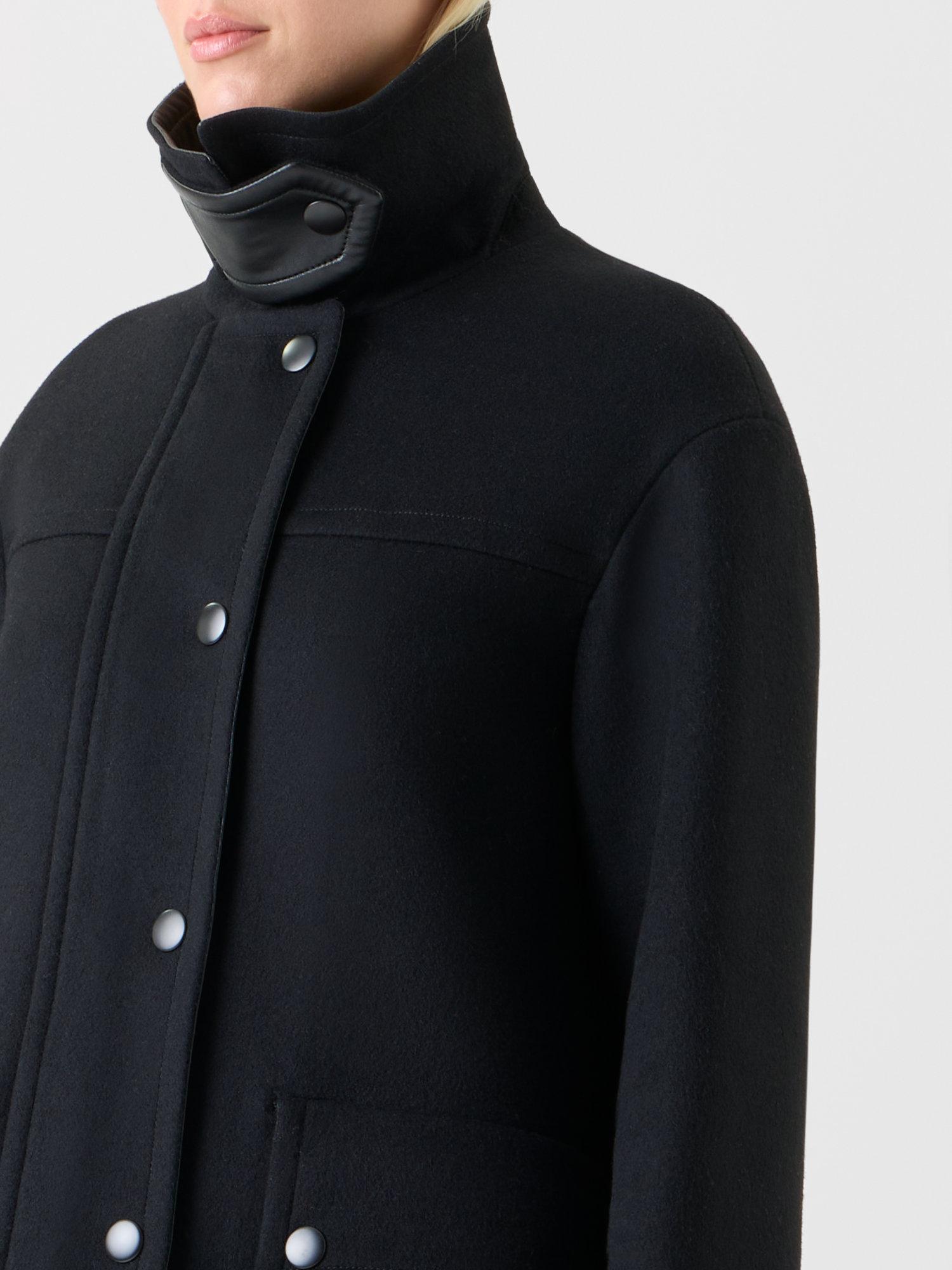 Designer Felted Wool Jacket with Faux Leather Collar - black - neutral 