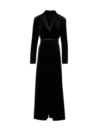 Designer Velvet Midi Dress with Satin Lapel - black