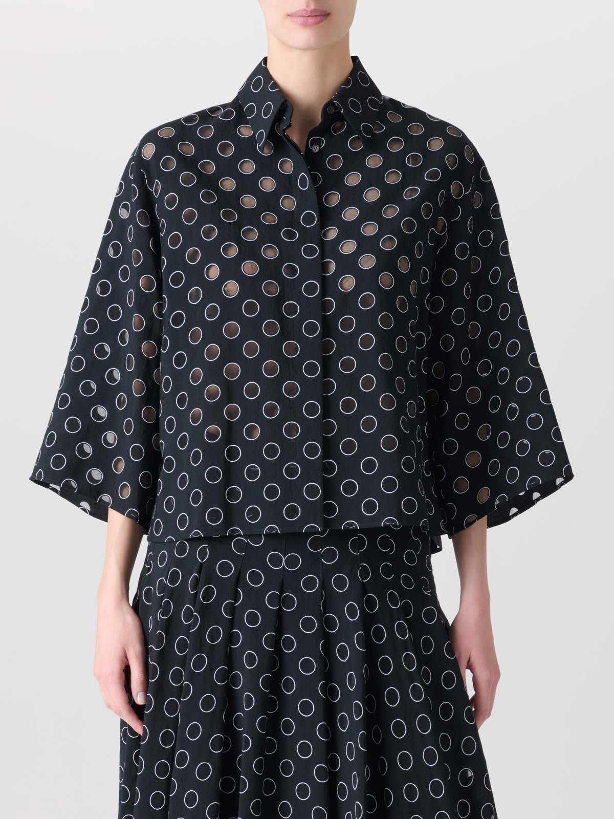 Designer Cropped Shirt Blouse with Sheer Polka Dots - black #editorial