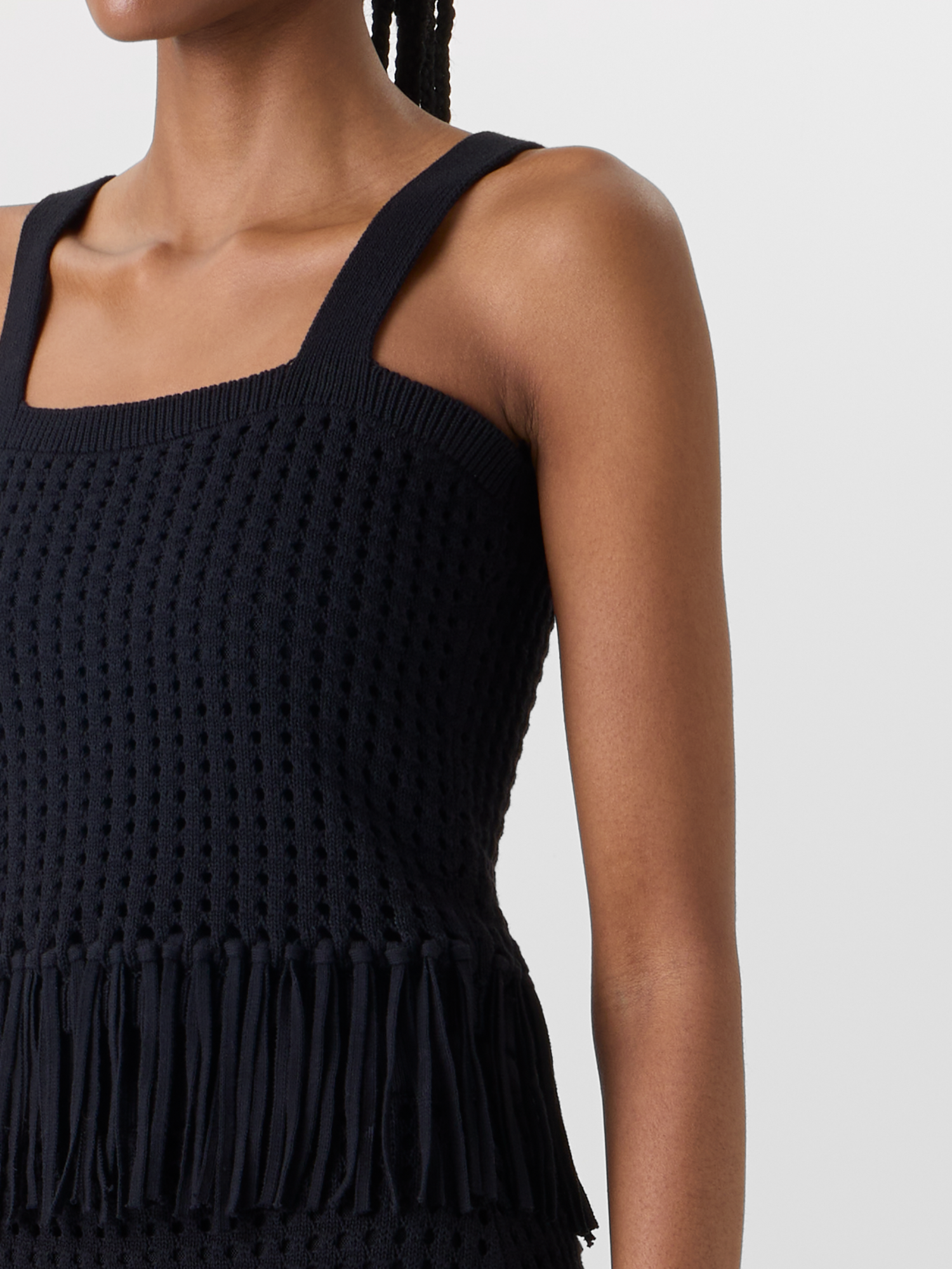 Designer Short Chunky Cotton Mesh Knit Top - black 