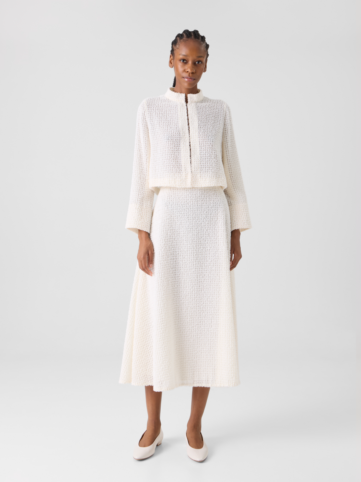 Designer Flared Midi Skirt in Fringed Grid - ecru #editorial