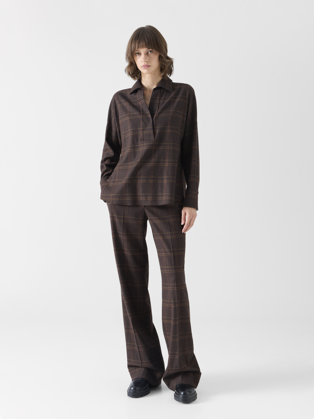 Designer Boxy Check Blouse in Flannel - brown 