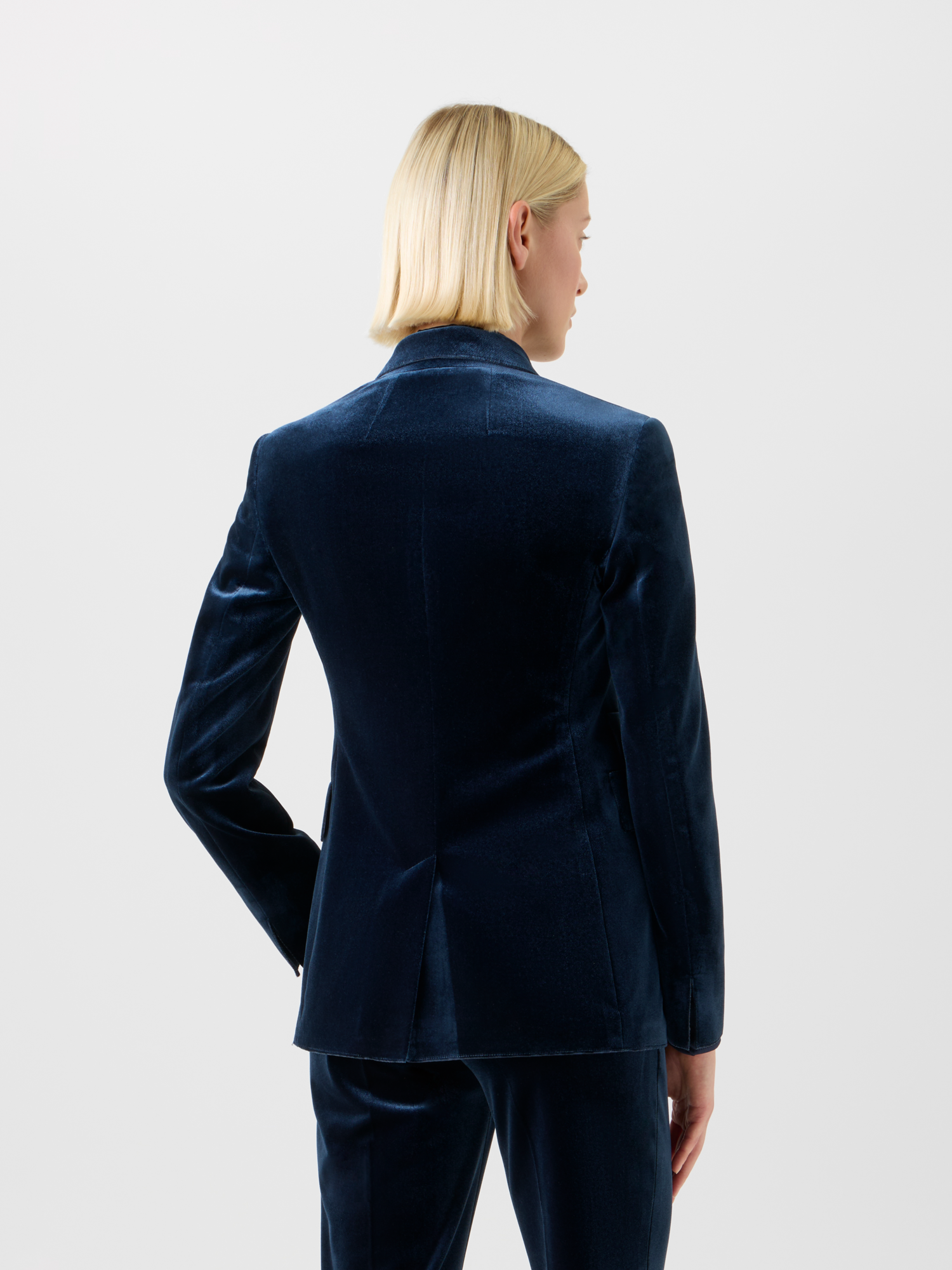 Designer Long Stretch Techno Velvet Blazer Jacket - neutral - navy - blue 