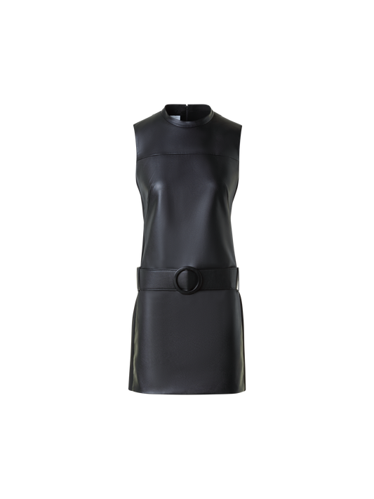 Designer Faux Leather Front Mini Dress with Belt - black - neutral