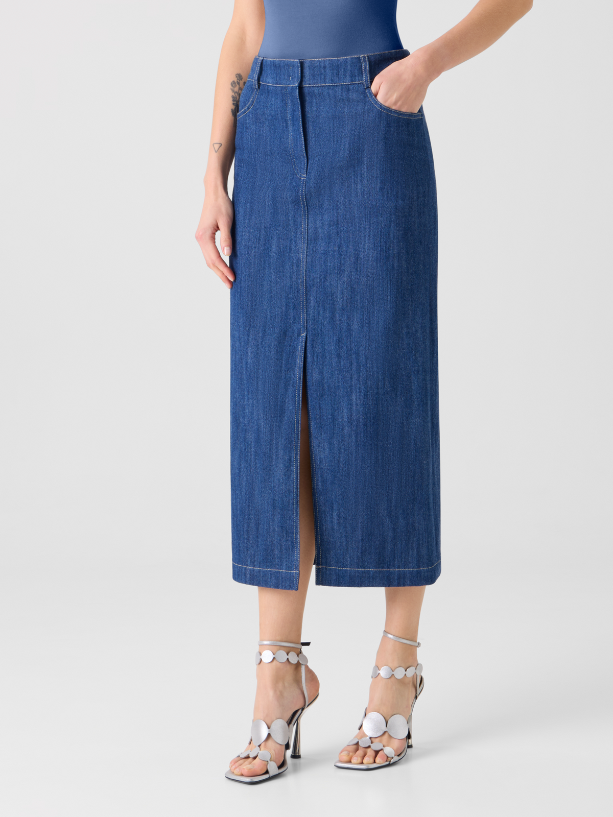 Designer Cotton Stretch Denim Midi Pencil Skirt - navy #editorial