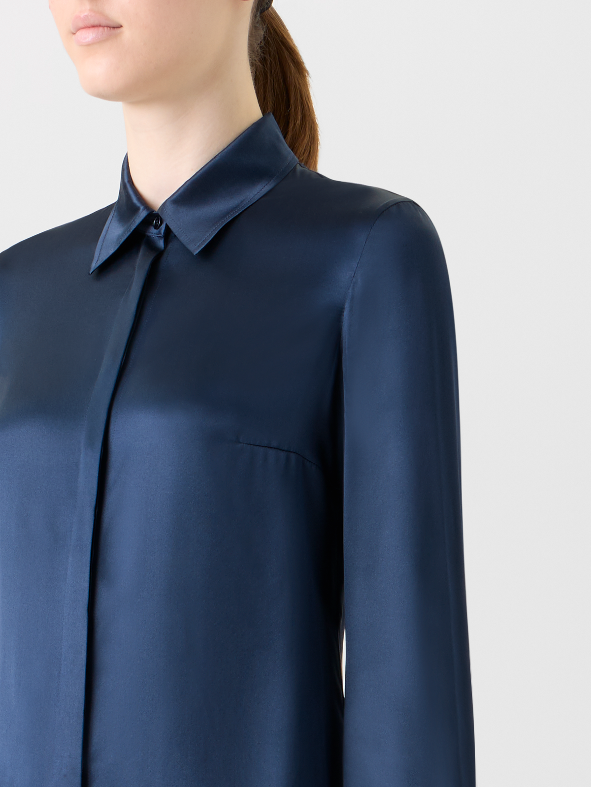 Designer Stretch Silk Satin Shirt Blouse - neutral - navy - blue #editorial