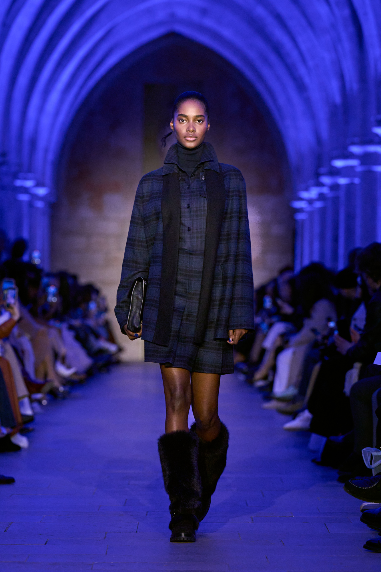 Designer Half-Pleated Wool Double-Face Plaid Mini Skirt - neutral - navy - blue - multicolor 