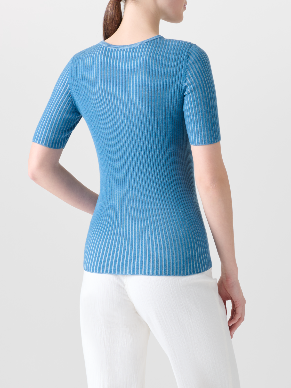 Designer Fitted Short Sleeves Knit Shirt in Merino Wool - blue #editorial