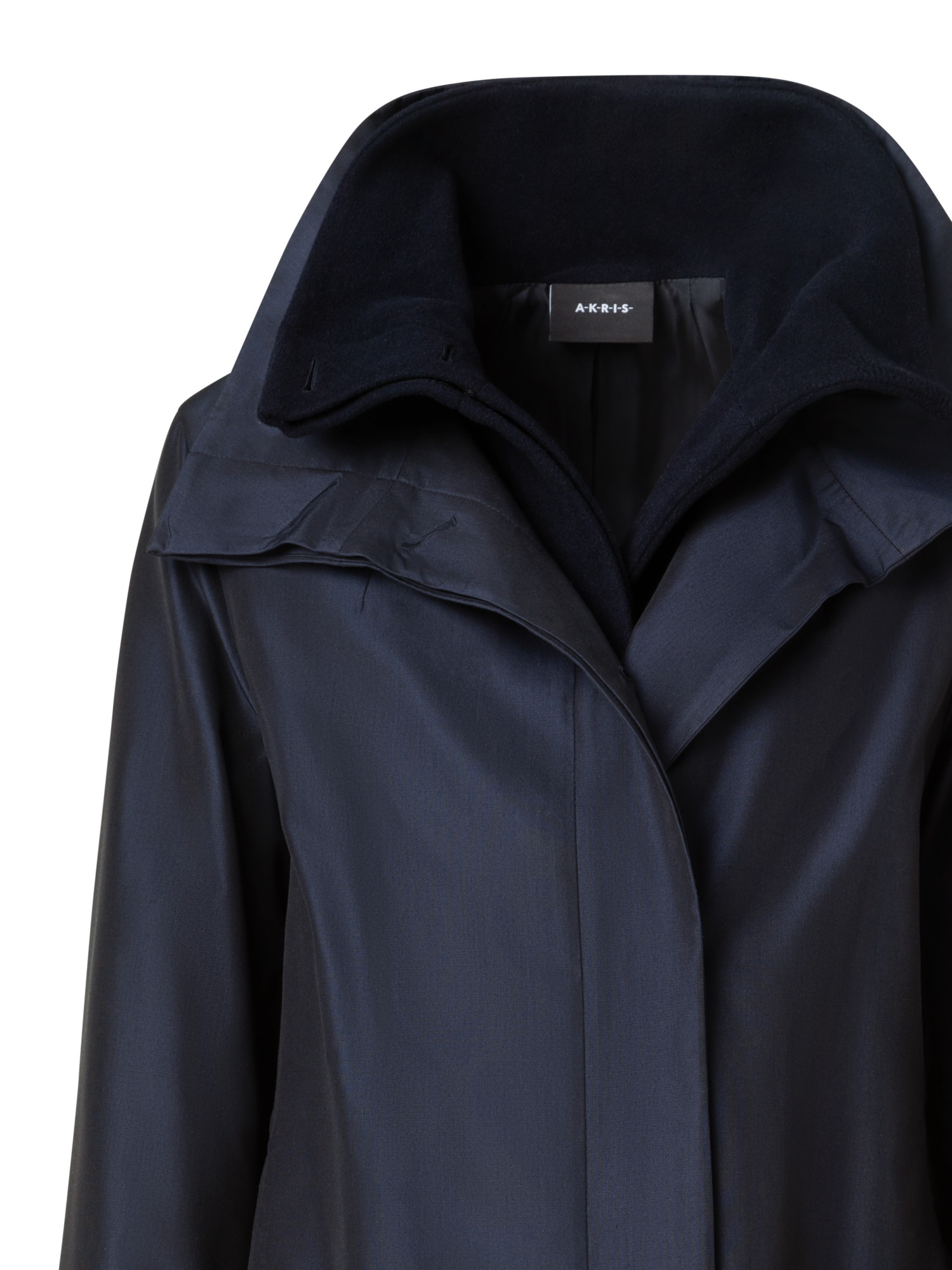 Designer Layered Wool Coat with Removable Silk Layer - navy - blue