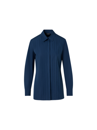 Designer Cotton Poplin Blouse with Pleated Front - blue