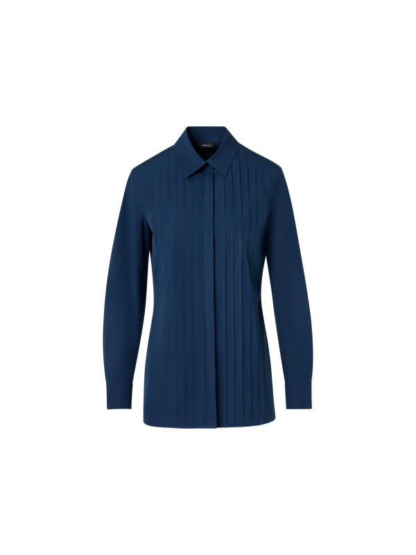 Designer Cotton Poplin Blouse with Pleated Front - blue