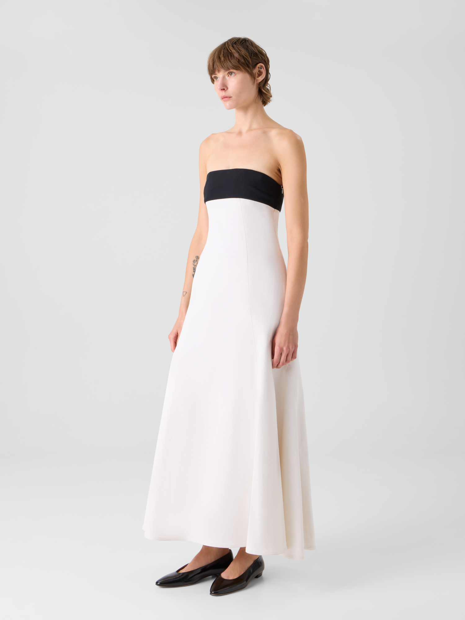 Designer Strapless Denim Midi Dress - ecru 