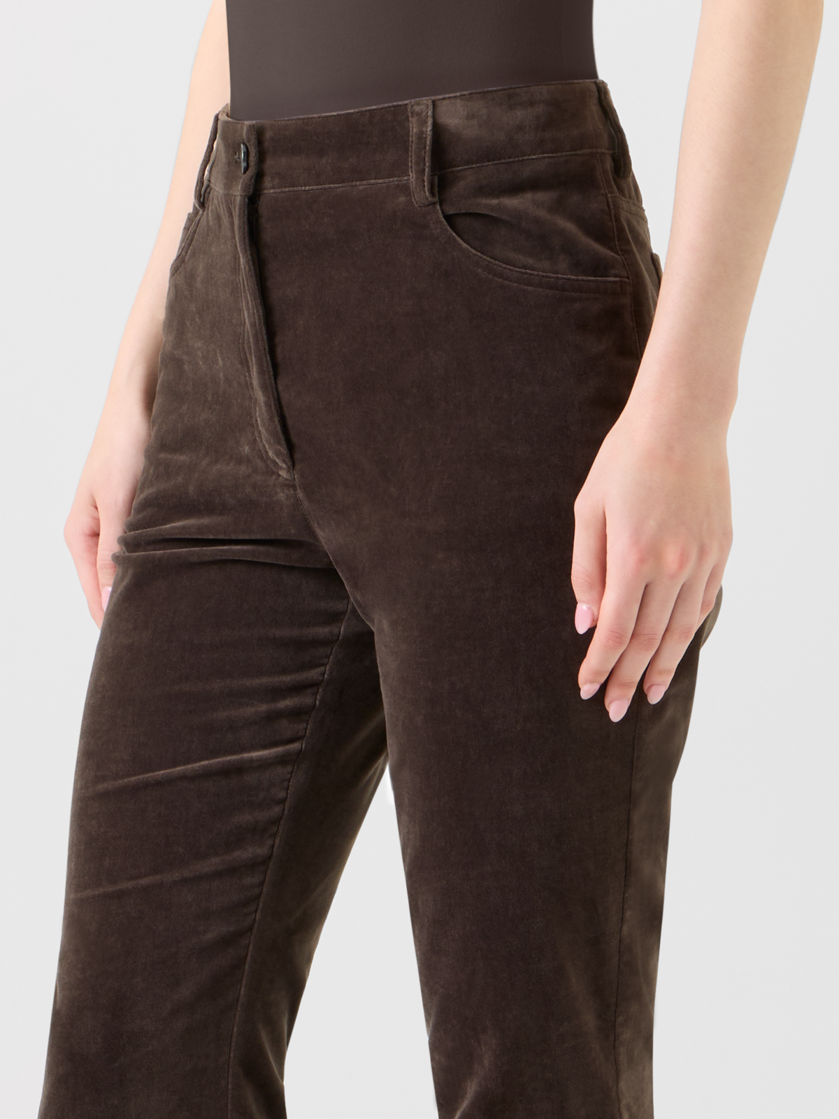 Designer Cropped Bootcut Stretch Cotton Velvet Pants - neutral - brown #editorial