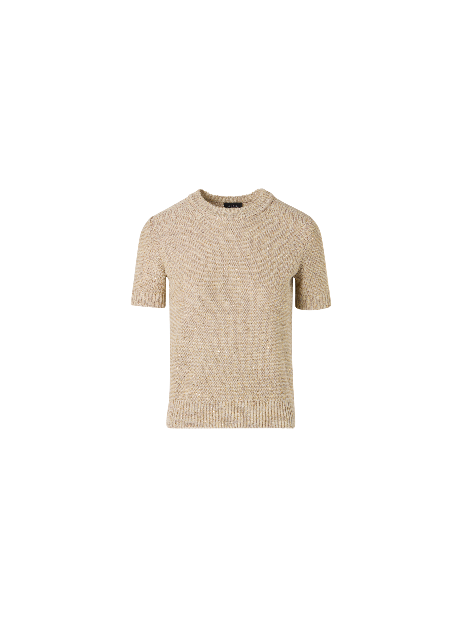 Designer Short-Sleeve Linen Cotton with Micro Sequins Knit Sweater - beige
