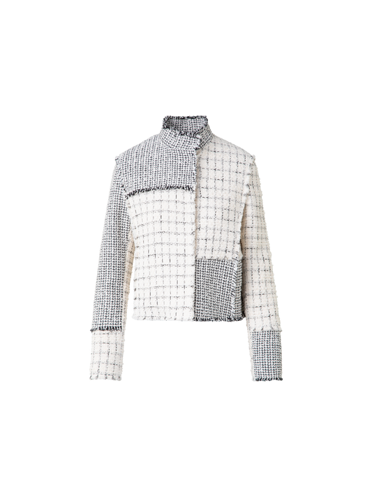 Designer Short Jacket in Patchwork Tweed - black - neutral - multicolor - ecru - white