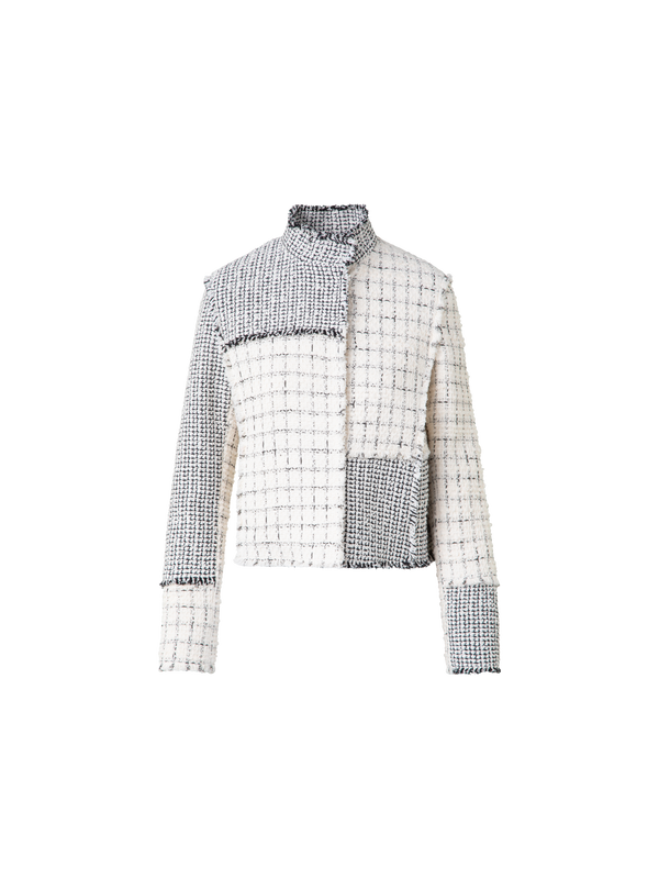 Designer Short Jacket in Patchwork Tweed - black - neutral - multicolor - ecru - white