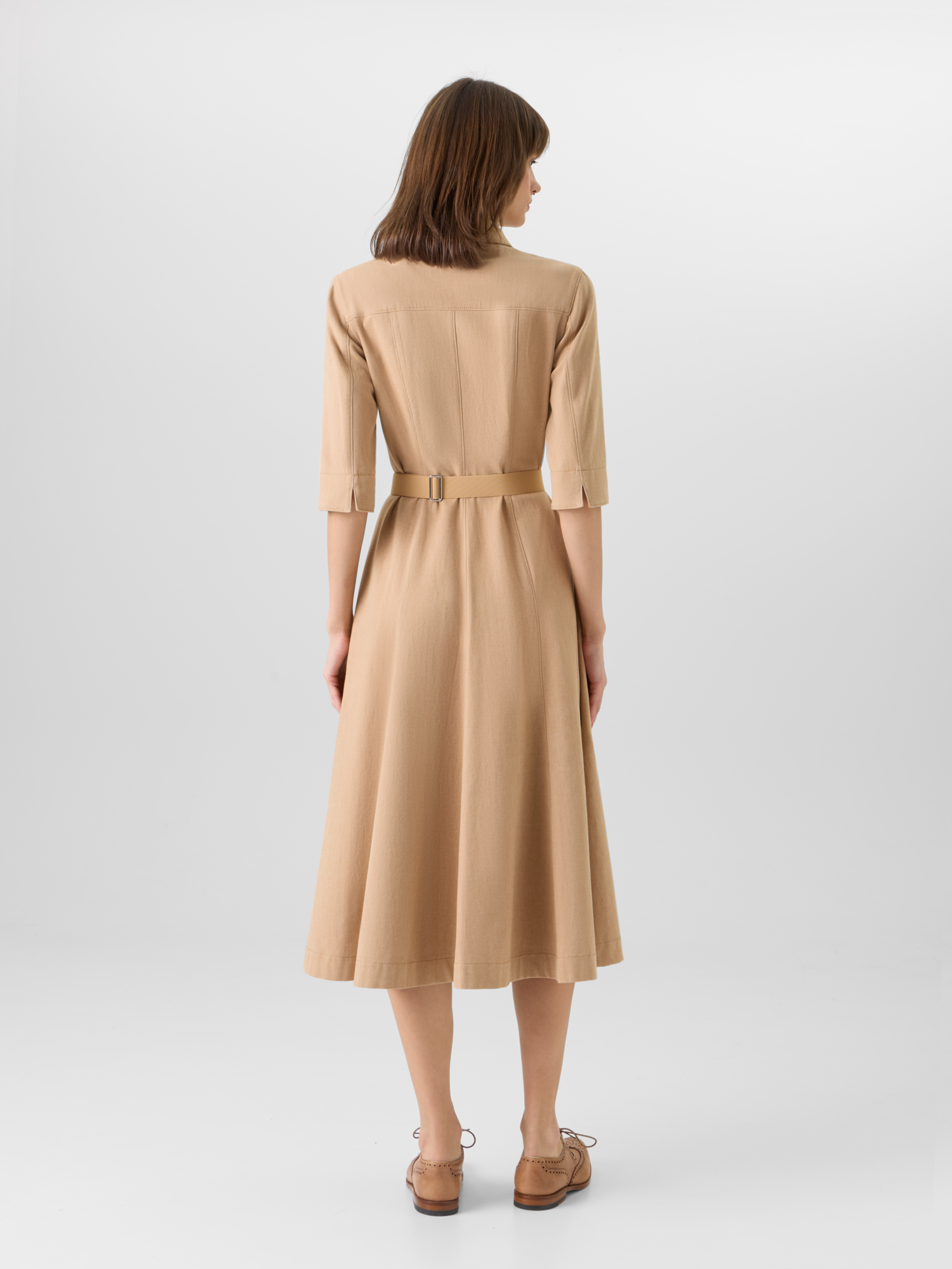 Designer A-Line Cotton-Denim Stretch Midi Dress - beige 