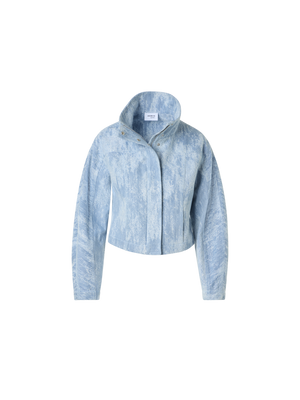 Designer Fitted Jacquard Denim Cropped Jacket - blue