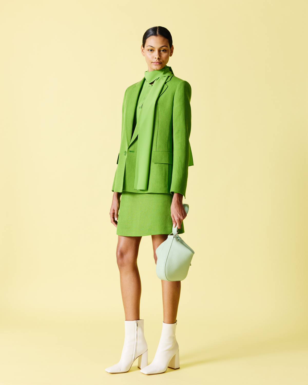 Designer Silk Blouse with Fixed Bow - green #editorial