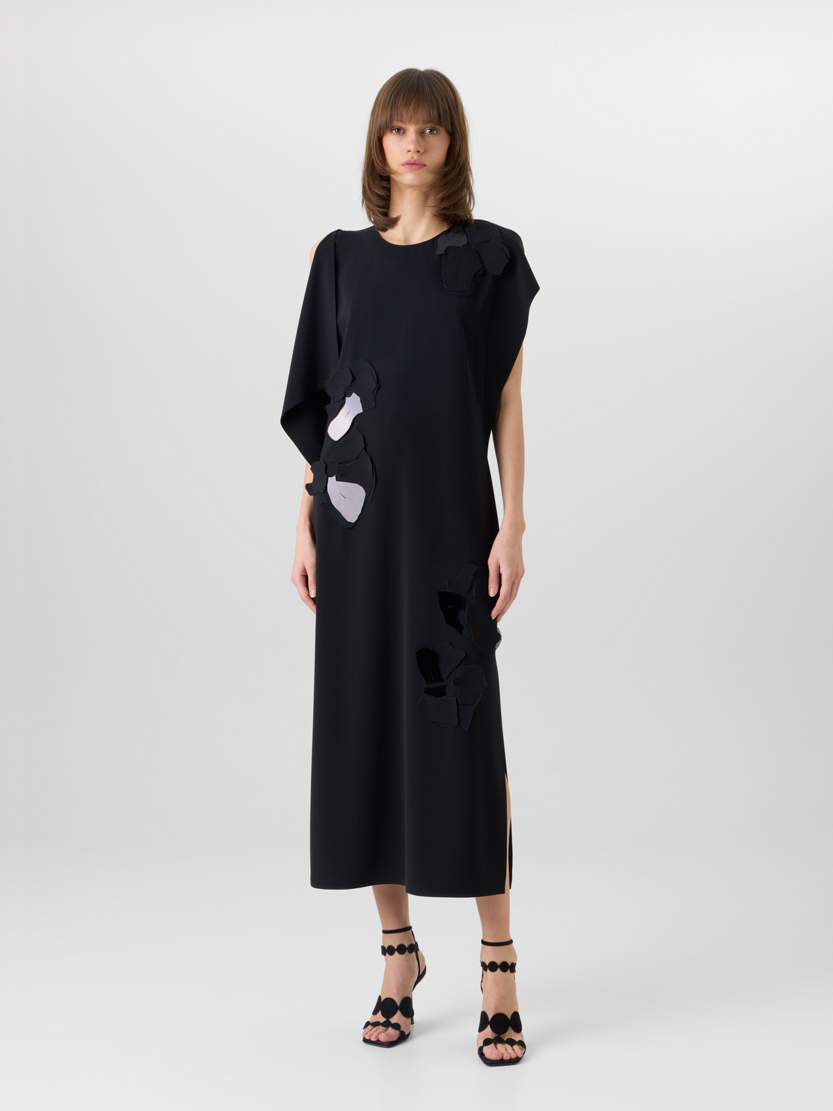 Designer Sleeveless Papercut Flower Midi Dress - black #editorial