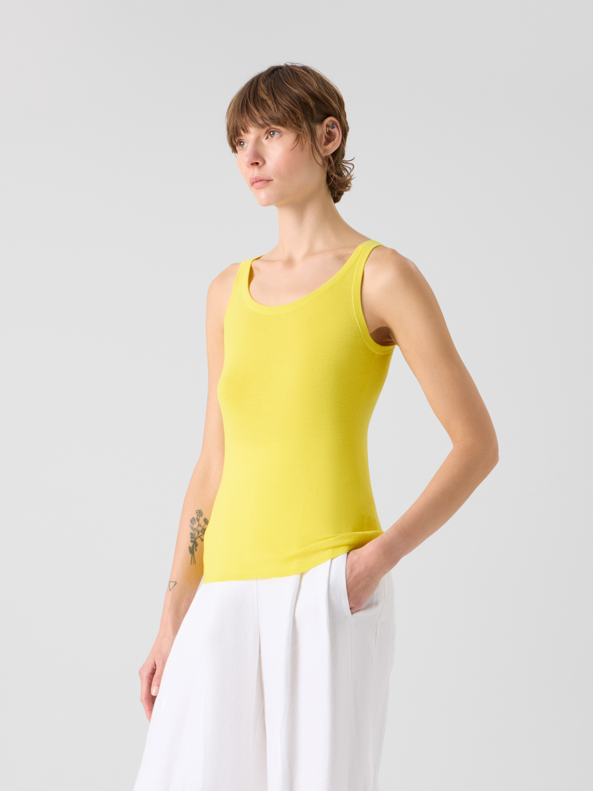 Designer Fitted Merino Wool Tank Top with Scoop Neck - yellow #editorial