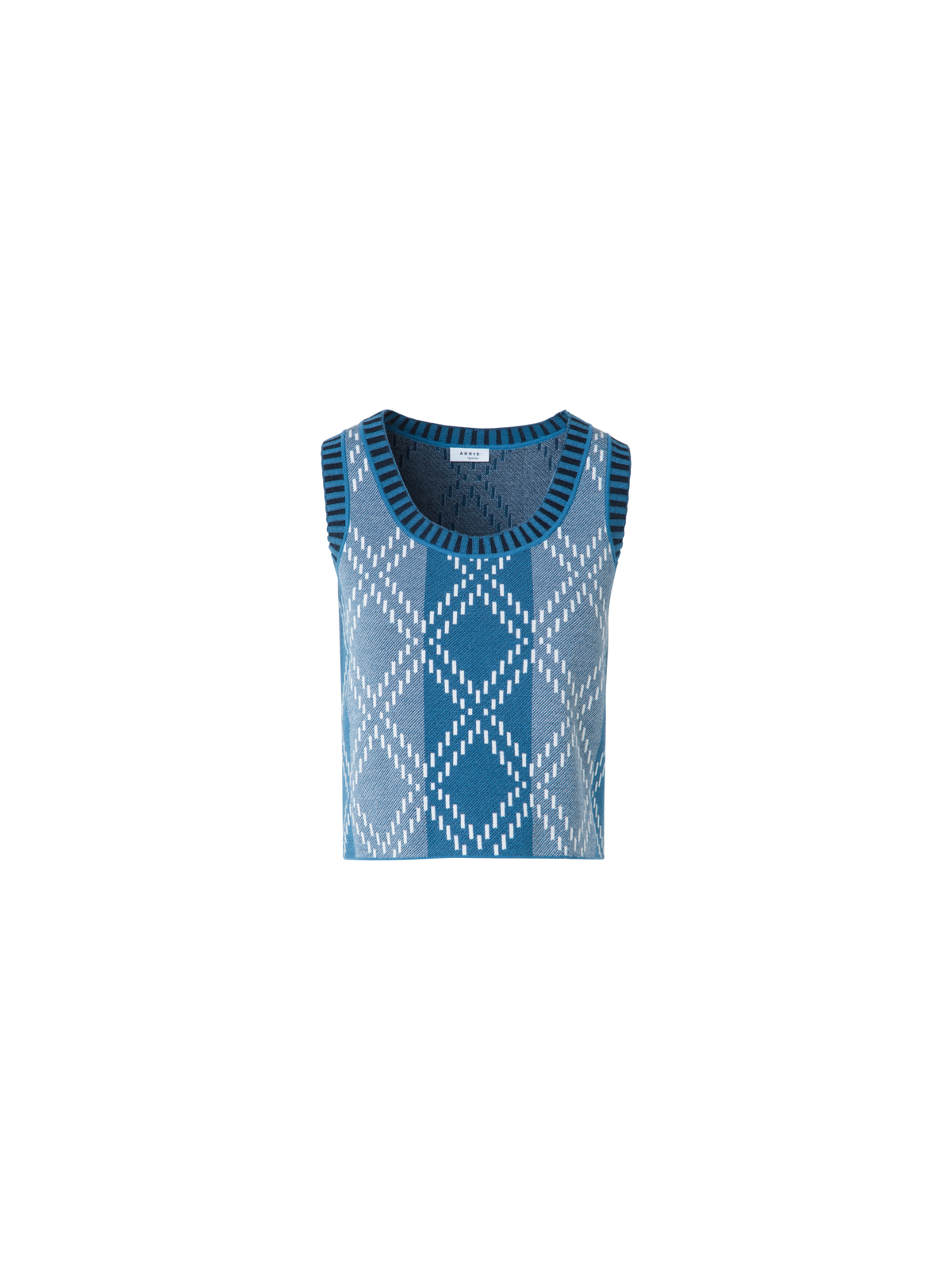 Designer Cropped Merino Knit Top with Diamond Jacquard - blue - multicolor