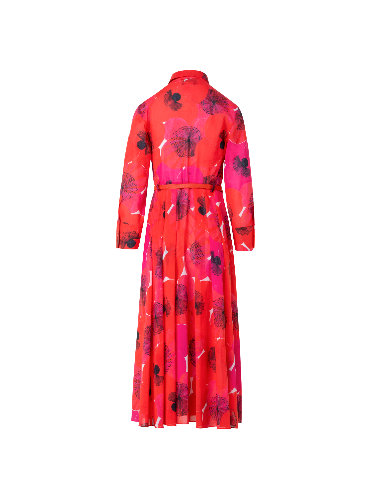 Designer Cotton Midi Shirt Dress in Poppy Print - multicolor - red