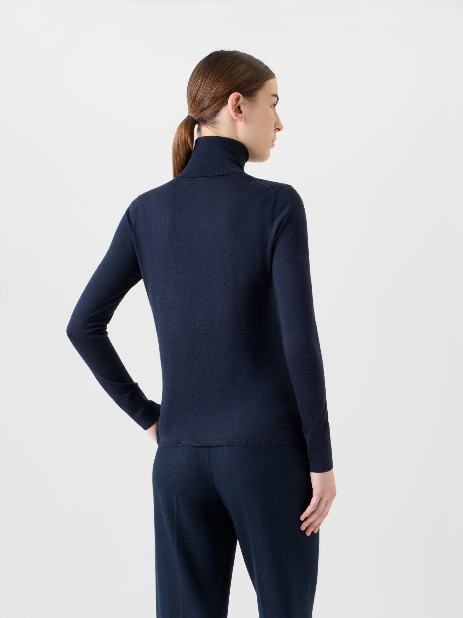 Designer Cashmere Silk Mock Neck Sweater with Rib Cuff - neutral - navy - blue 