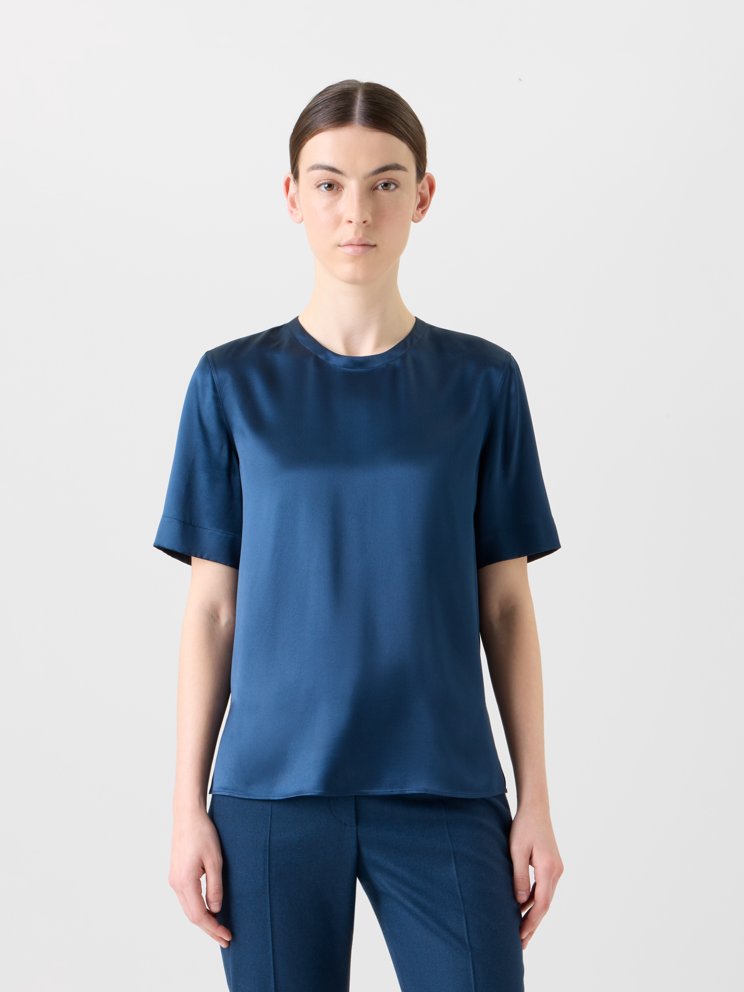 Designer T-Shirt Blouse in Silk Satin - neutral - navy - blue 