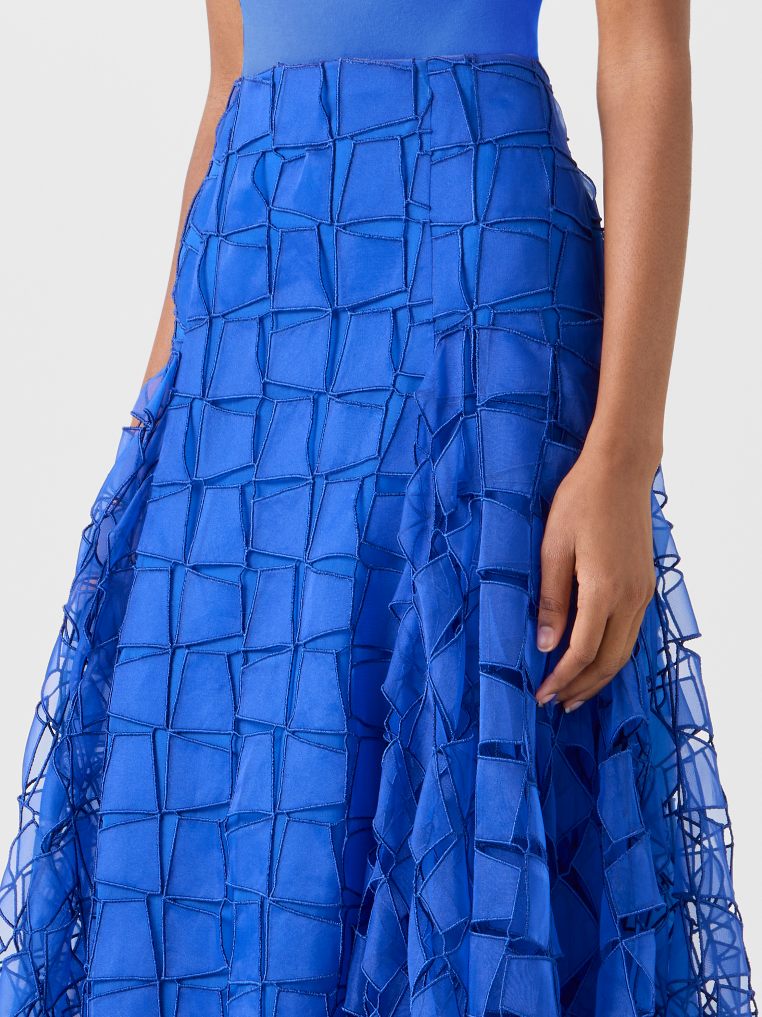 Designer Maxi Skirt with Tapezoid Organza Embroidery - blue 