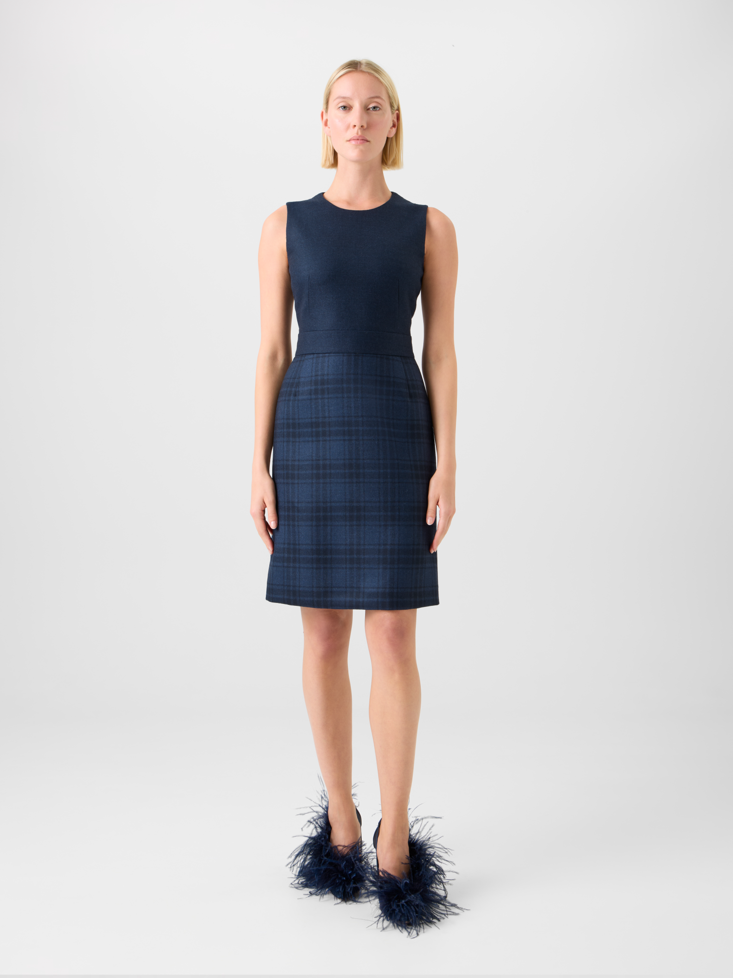 Designer Short Wool Double-Face Plaid A-Line Dress - neutral - navy - blue 