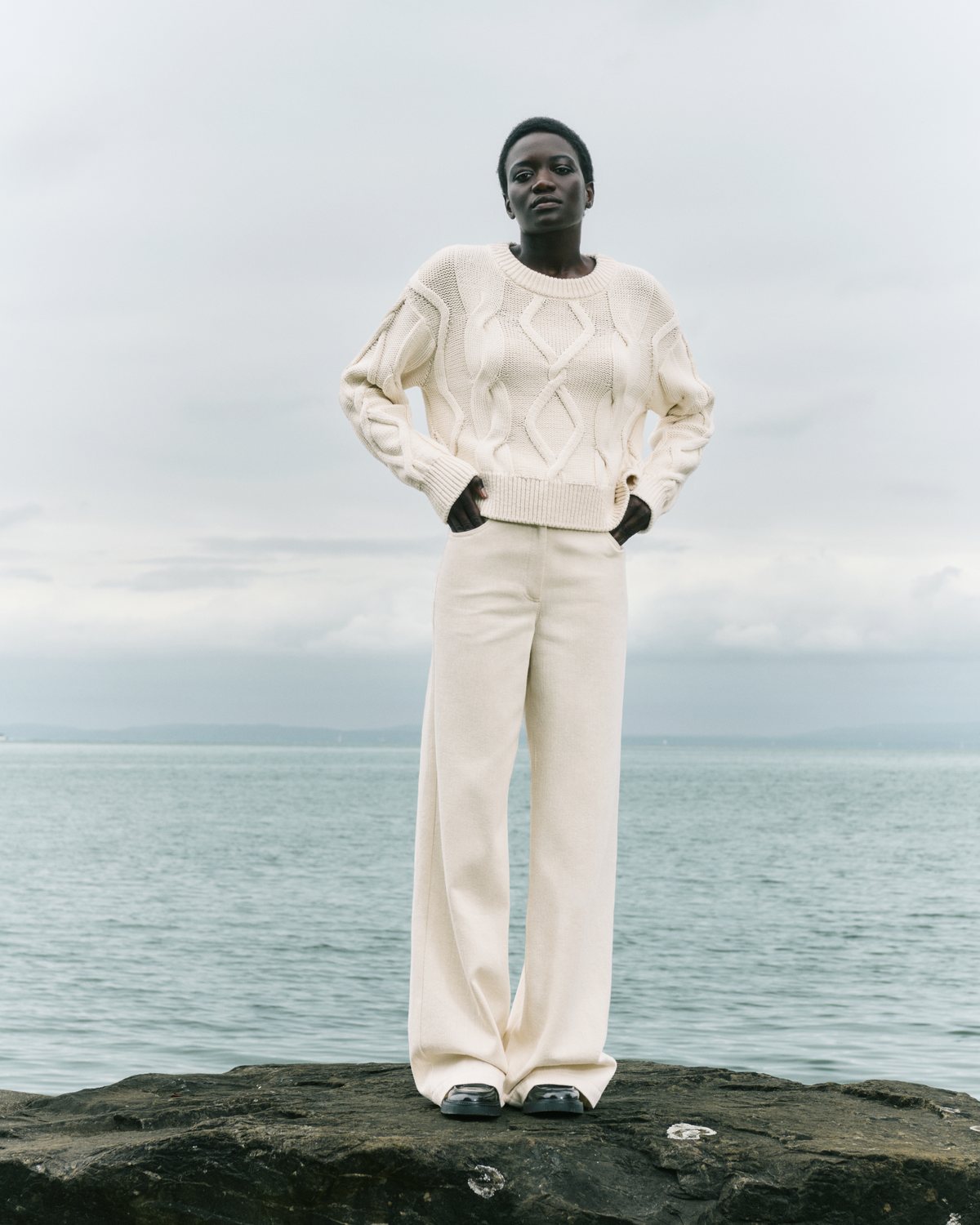 Designer Wide Cotton Wool Denim Stretch Pants - neutral - pastel - beige #editorial