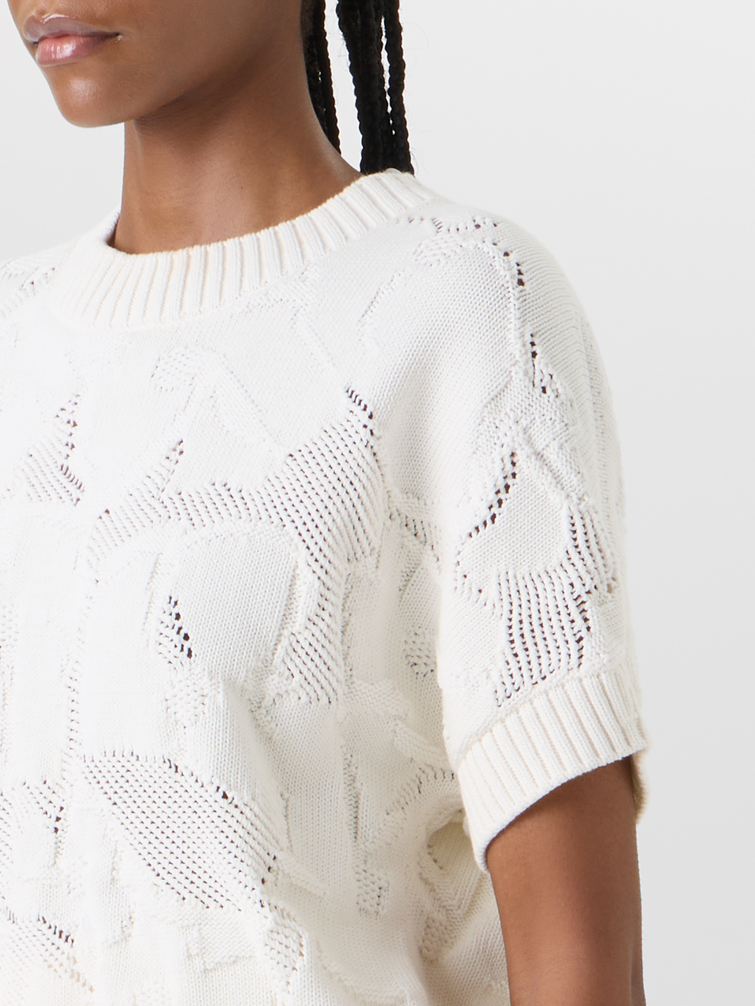 Designer Short-Sleeve Chunky Cotton Ajouré Knit Sweater - ecru 