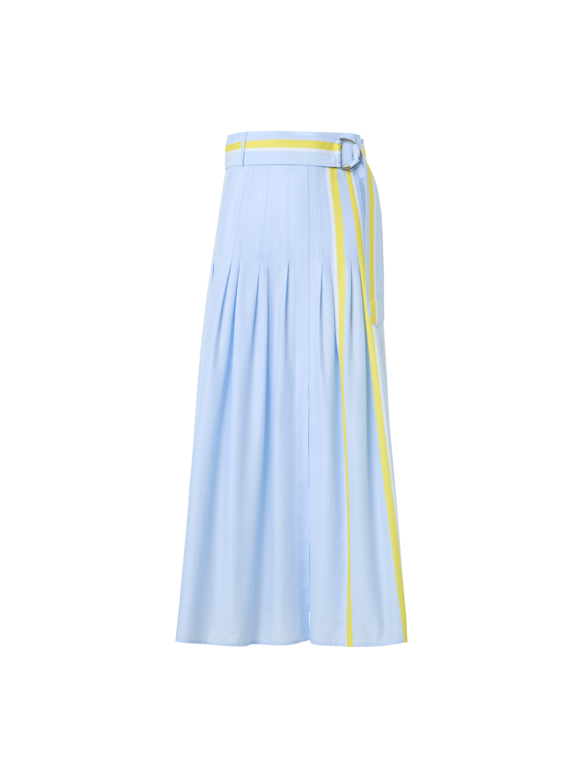 Designer Pleated Striped Cotton Chambray Midi Skirt with Belt - blue - multicolor