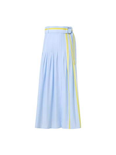 Designer Pleated Striped Cotton Chambray Midi Skirt with Belt - blue - multicolor