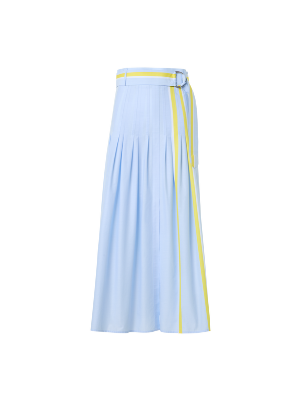 Designer Pleated Striped Cotton Chambray Midi Skirt with Belt - blue - multicolor