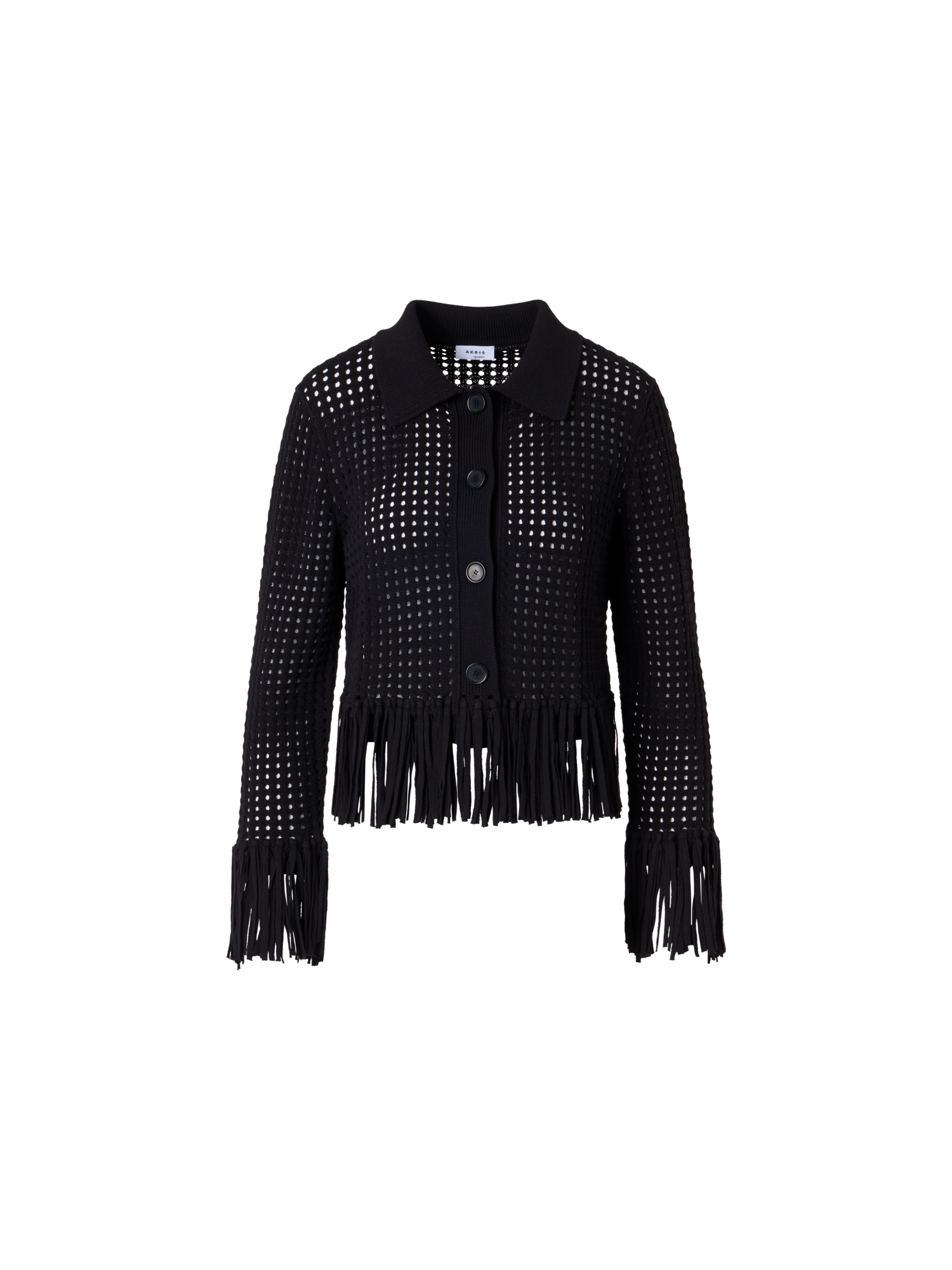 Designer Short Long-Sleeve Chunky Cotton Mesh Knit Cardigan - black