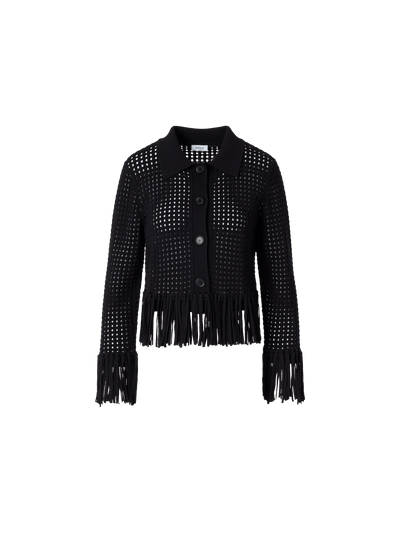 Designer Short Long-Sleeve Chunky Cotton Mesh Knit Cardigan - black