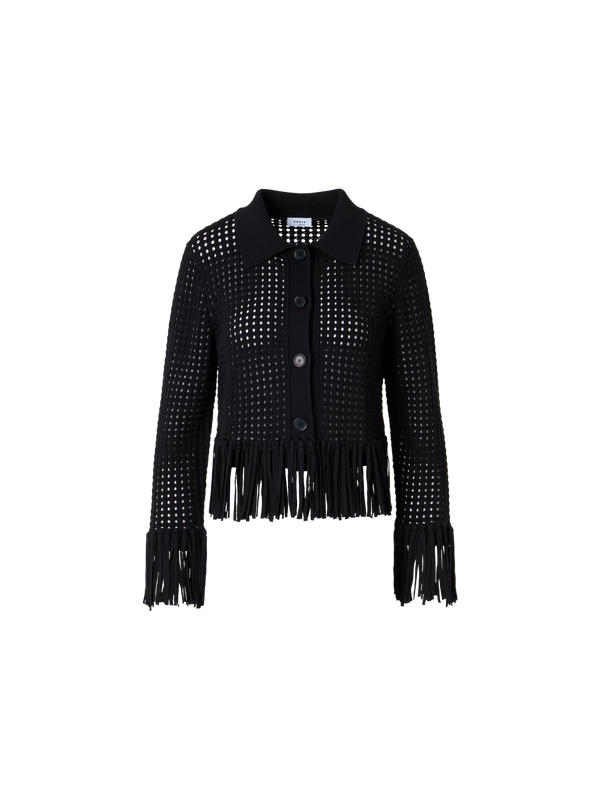Designer Short Long-Sleeve Chunky Cotton Mesh Knit Cardigan - black