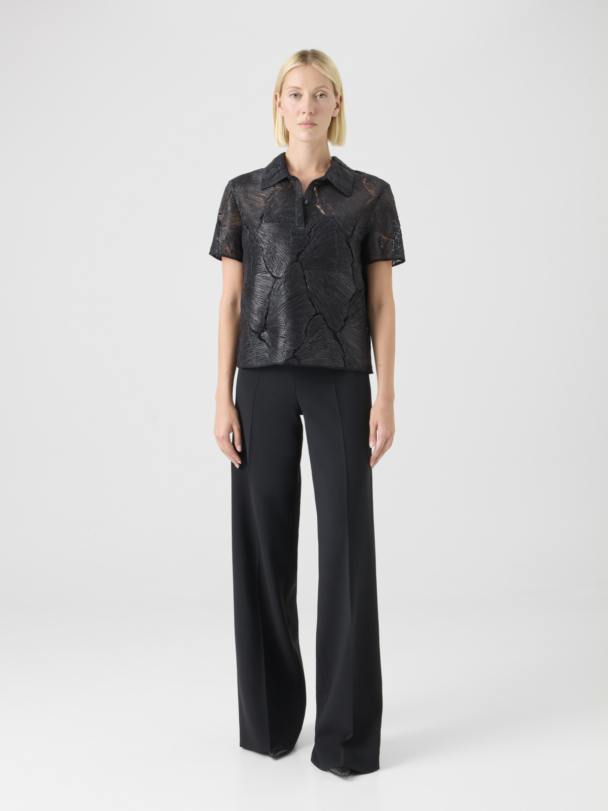 Designer Polo Blouse in Lacquered Sea Fan Lace  - black #editorial