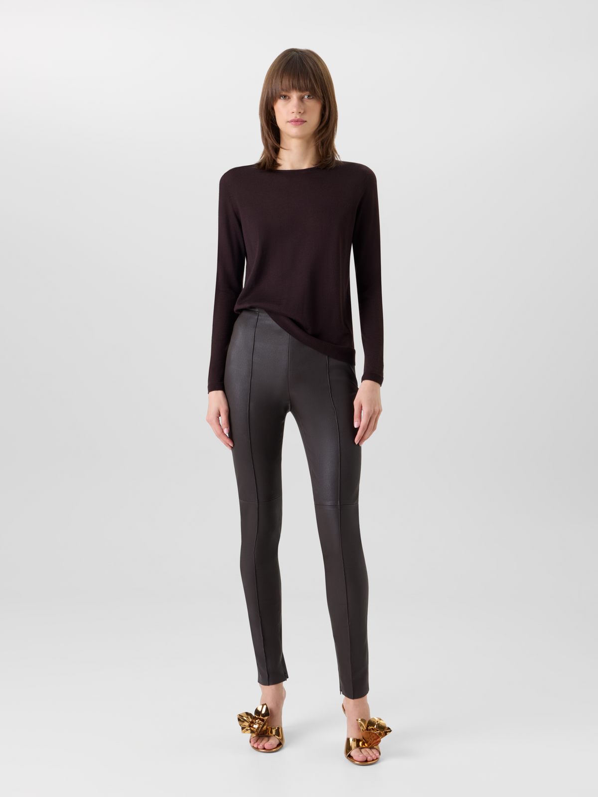 Designer Slim Leg Pants in Stretch Leather - brown 