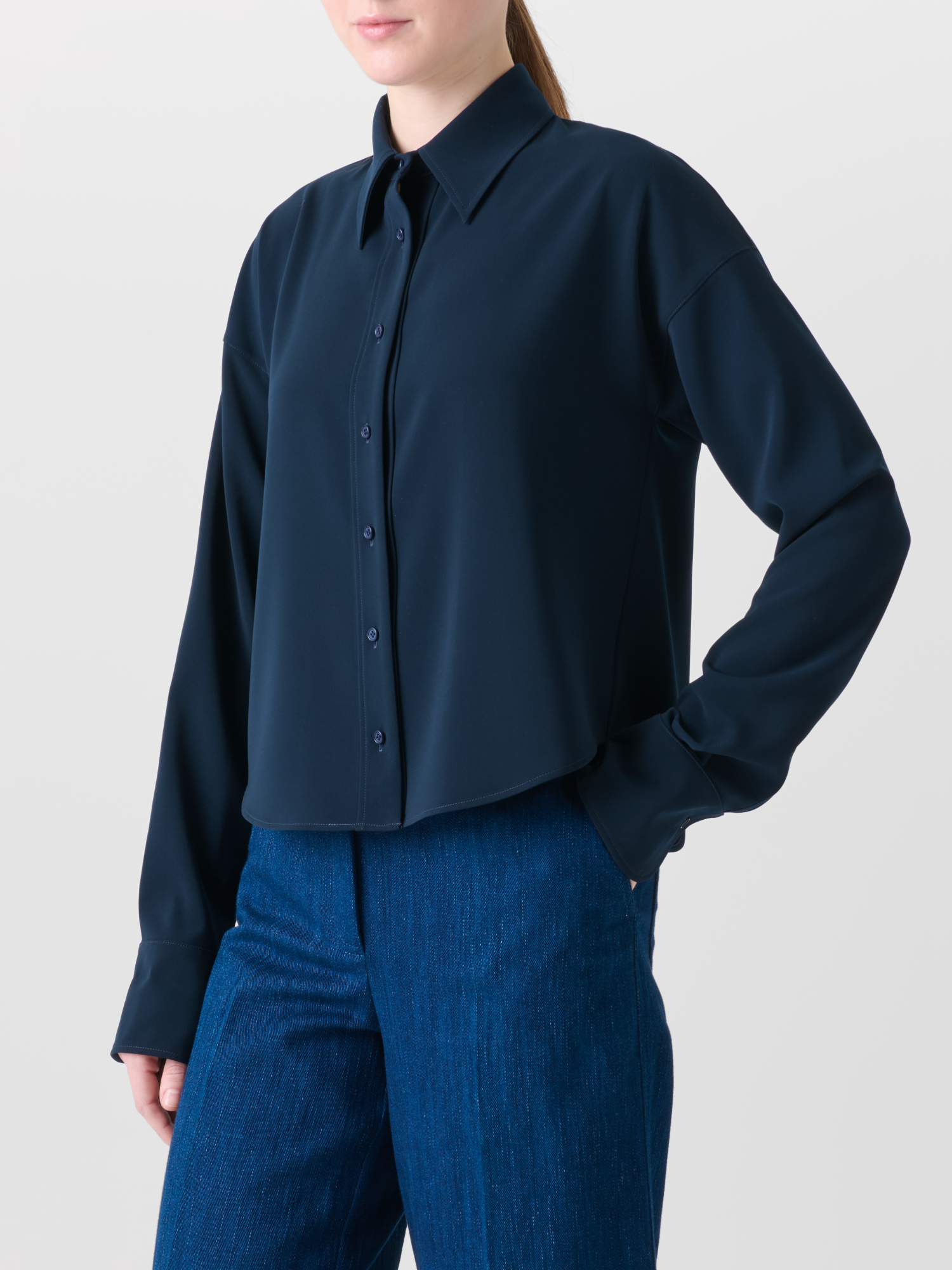 Designer Cropped Boxy Blouse in Signature Laser Cut - neutral - navy - blue 