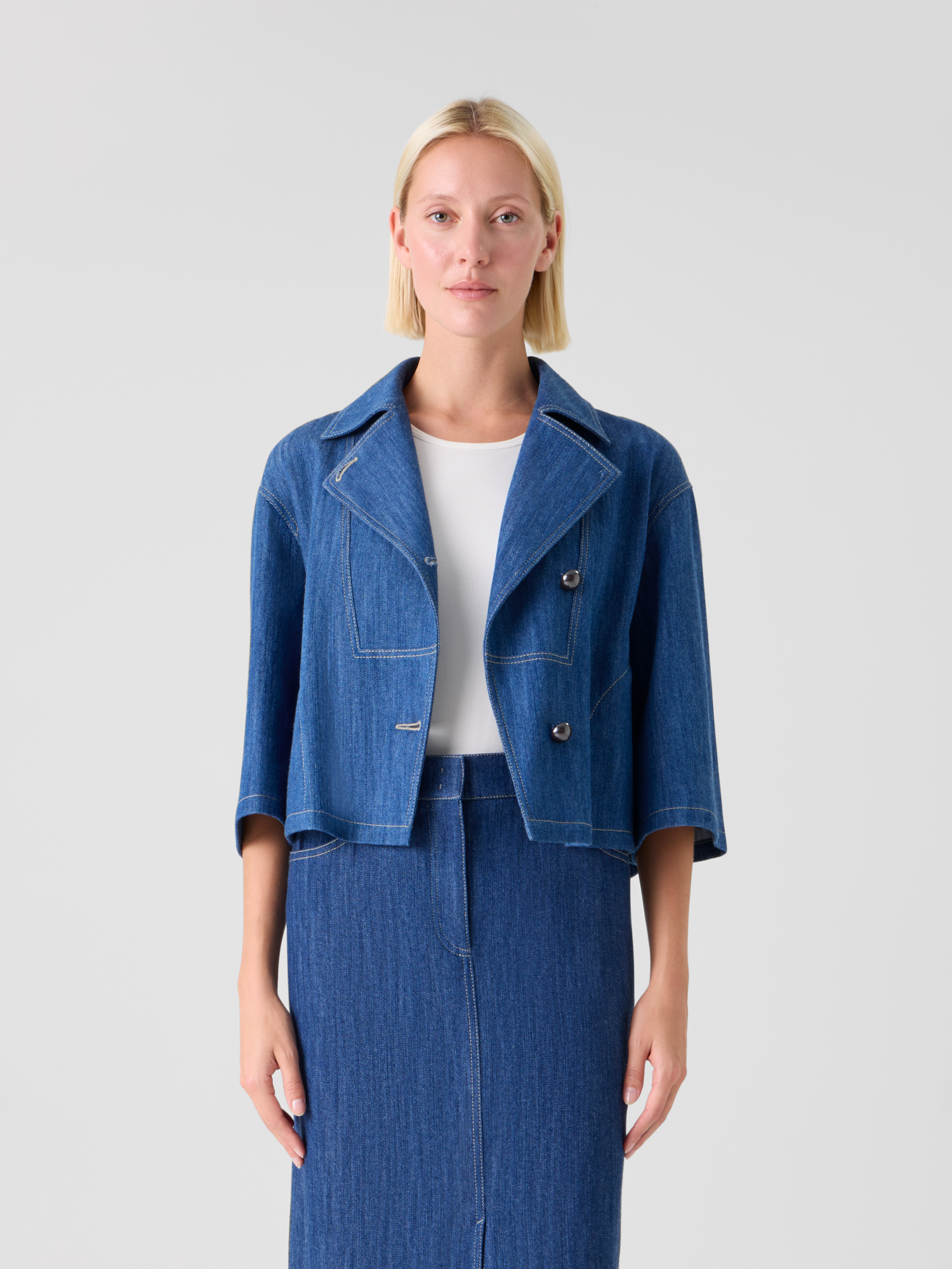 Designer Asymmetric Boxy Cropped Denim Jacket - blue