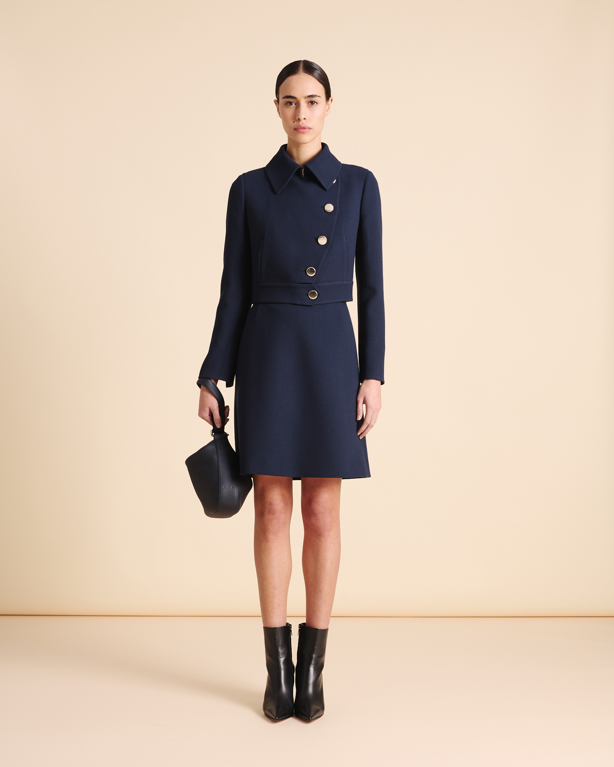 Designer Asymmetrical Short Jacket in Wool Double-Face - neutral - navy - blue #editorial