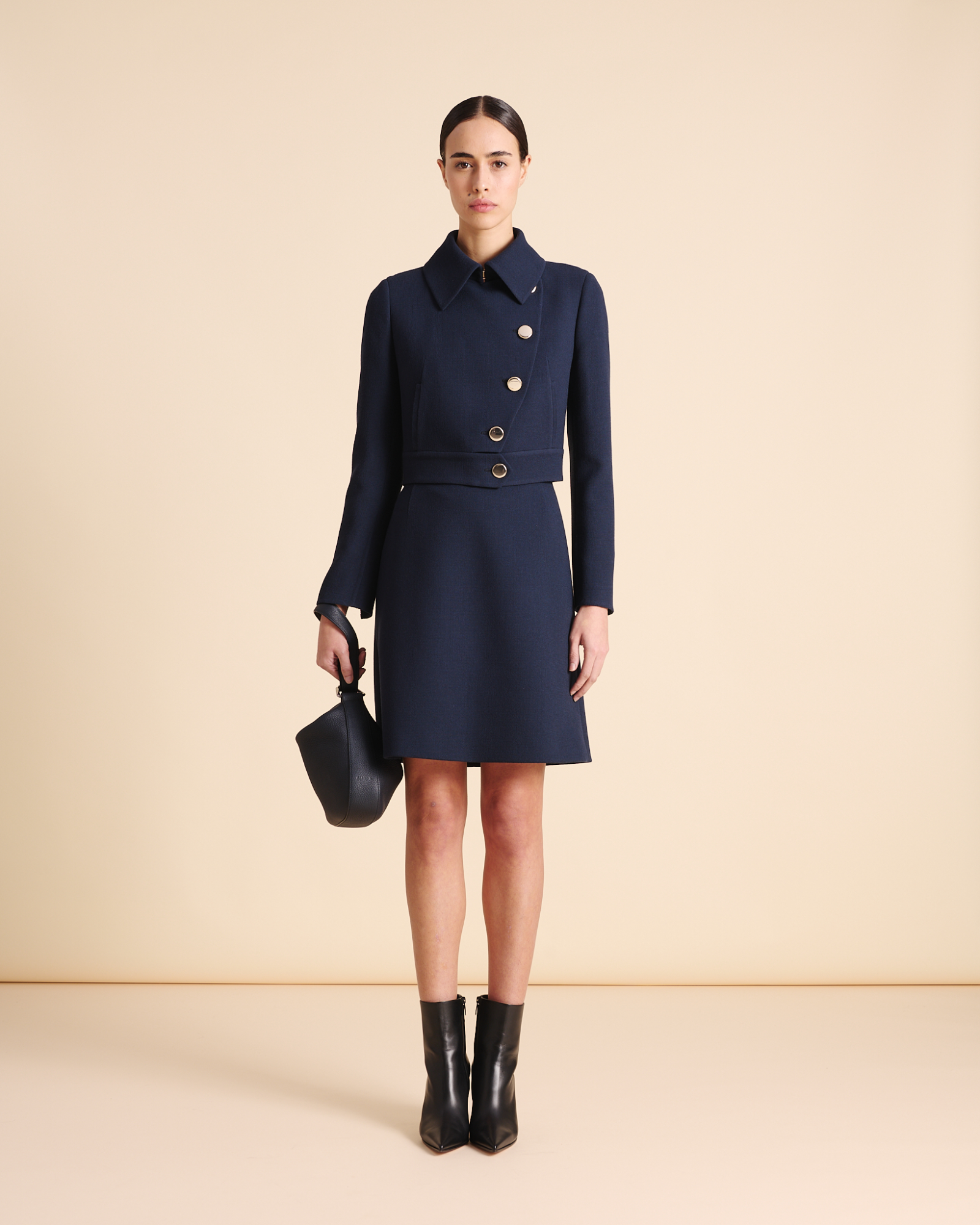 Designer Asymmetrical Short Jacket in Wool Double-Face - neutral - navy - blue 