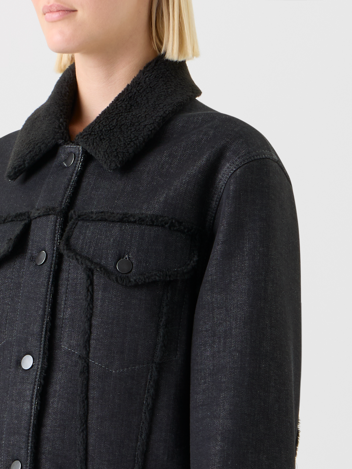 Designer Oversized Denim Jacket &  Faux Shearling Collar - black - neutral #editorial